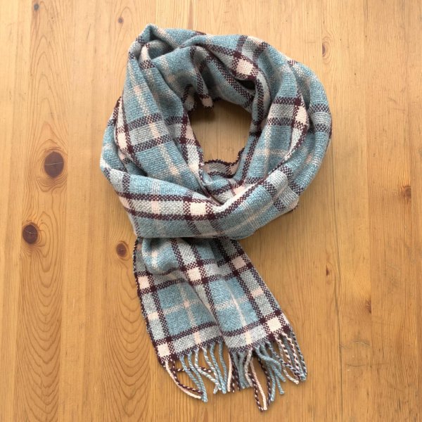 画像3: 手織りマフラー／チェック柄（水色×エンジ）